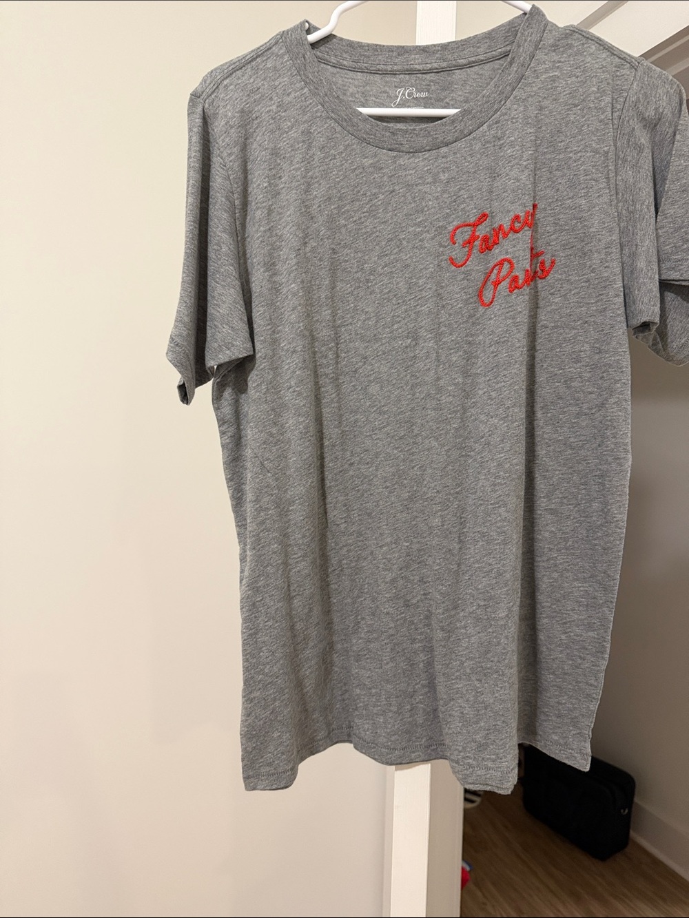 J. Crew Gray Short Sleeve Crewneck T-Shirt with Red "Fancy Pants" Embroidery